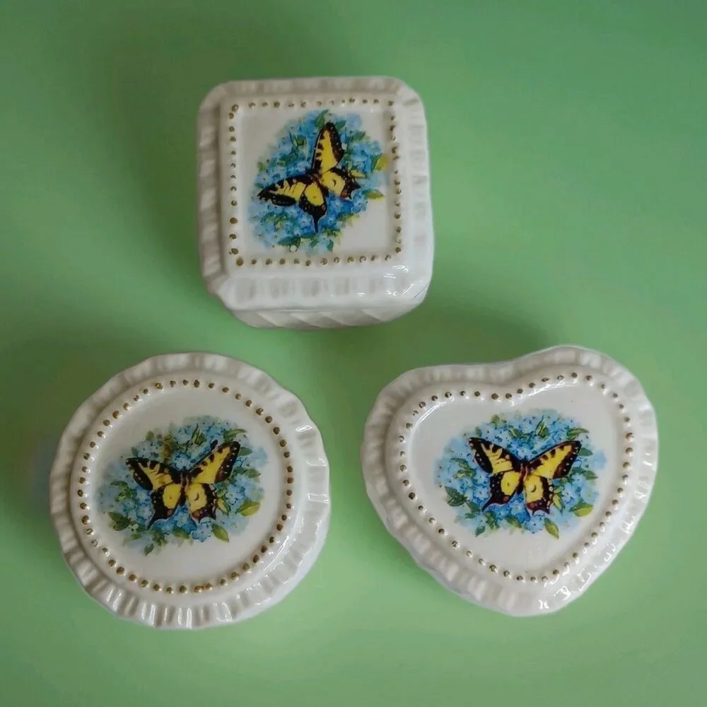 3 Fairy Cottagecore Butterfly Porcelain Ring Box Set Vintage Gold Kitsch Vanity